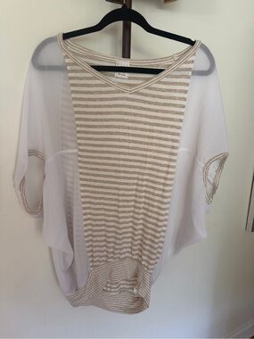Ella Moss Striped Beige & White Sheer Mixed-Media Top
